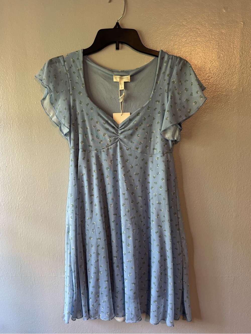 NEW See You Monday Light Blue Floral Short Sleeve Mini Dress Flutter Sleeve M